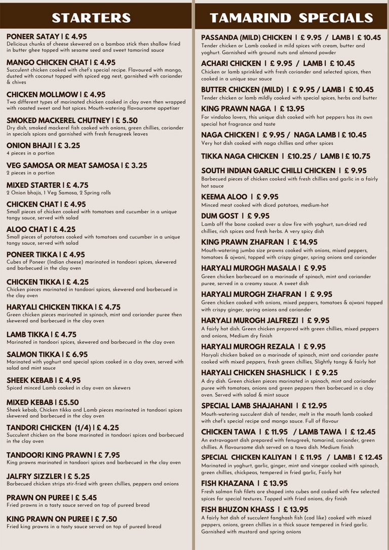 Menu Tamarind Potters Bar