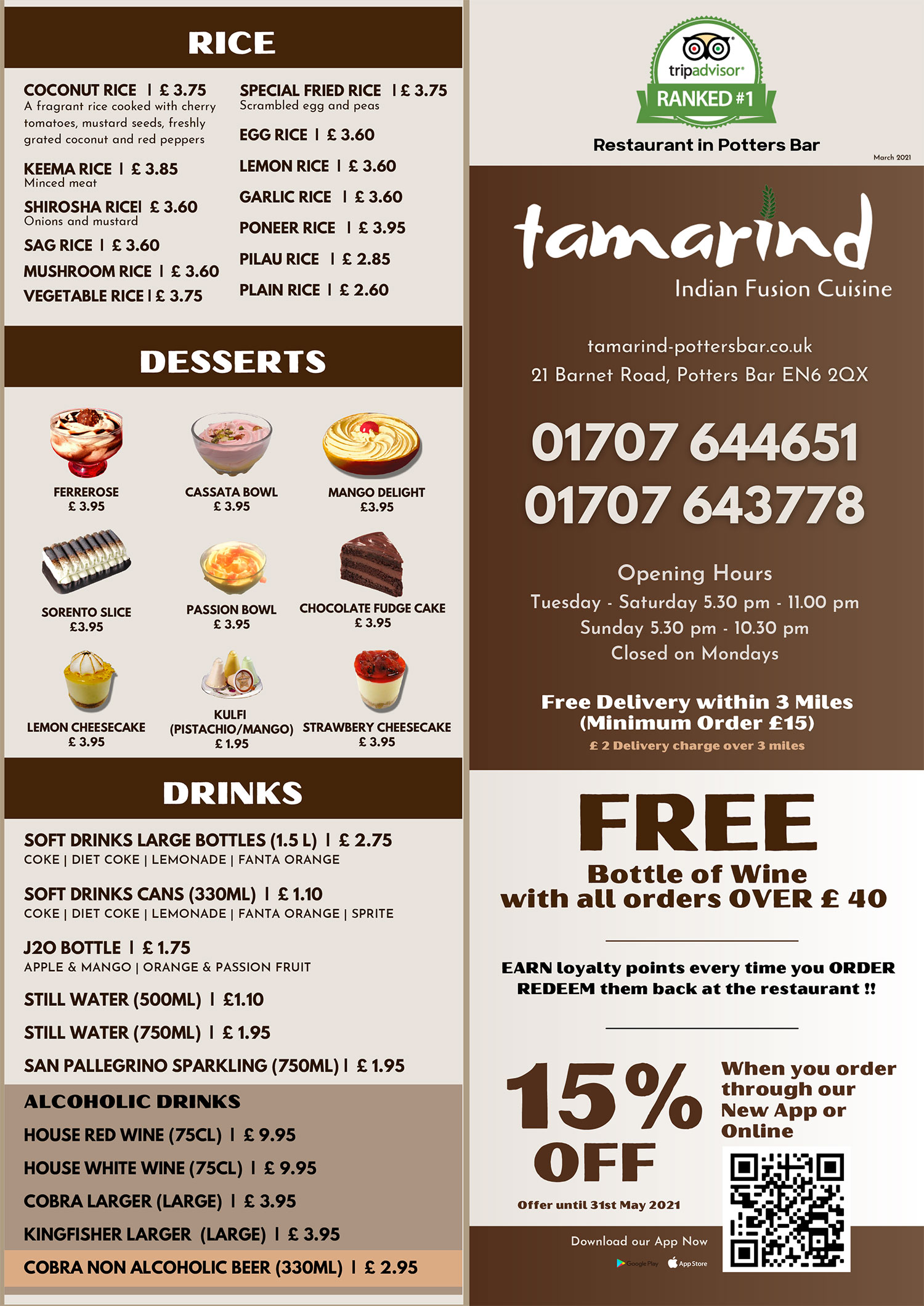 Takeaway Menu Tamarind Potters Bar